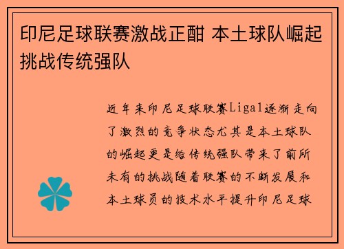 印尼足球联赛激战正酣 本土球队崛起挑战传统强队