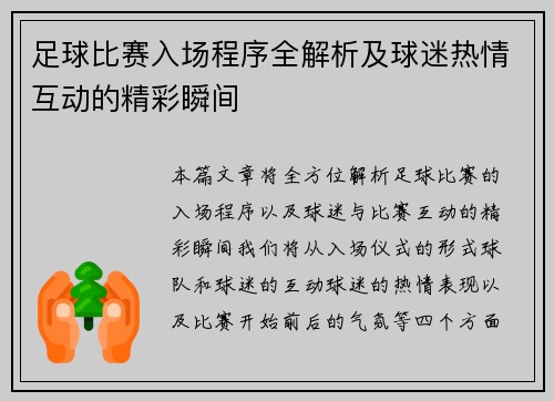 足球比赛入场程序全解析及球迷热情互动的精彩瞬间