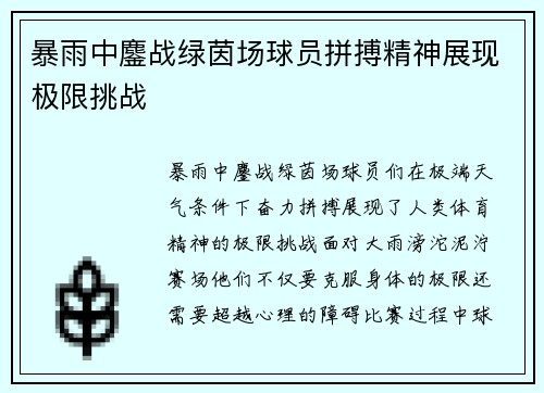 暴雨中鏖战绿茵场球员拼搏精神展现极限挑战