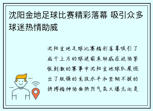 沈阳金地足球比赛精彩落幕 吸引众多球迷热情助威