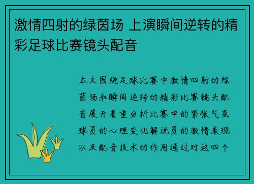 激情四射的绿茵场 上演瞬间逆转的精彩足球比赛镜头配音