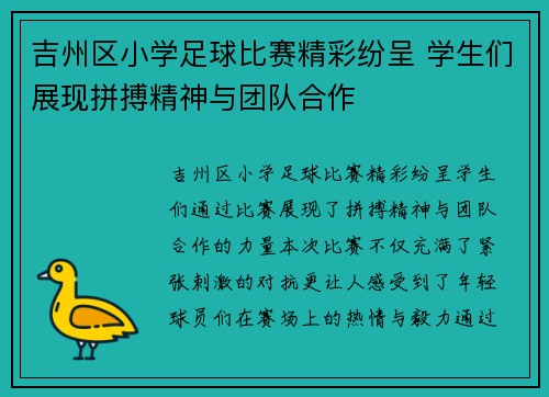 吉州区小学足球比赛精彩纷呈 学生们展现拼搏精神与团队合作