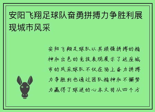 安阳飞翔足球队奋勇拼搏力争胜利展现城市风采