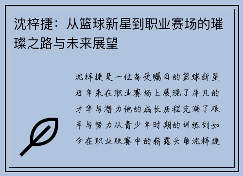 沈梓捷：从篮球新星到职业赛场的璀璨之路与未来展望