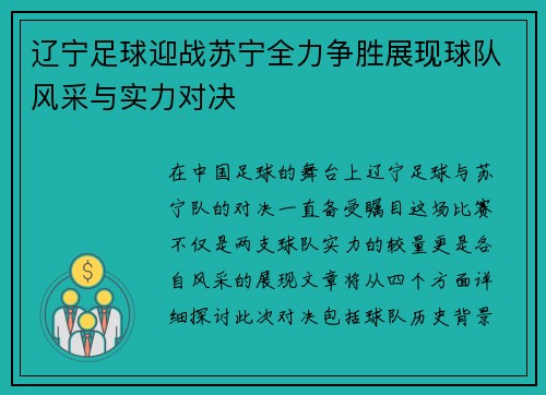 辽宁足球迎战苏宁全力争胜展现球队风采与实力对决