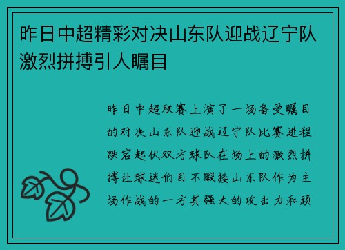 昨日中超精彩对决山东队迎战辽宁队激烈拼搏引人瞩目