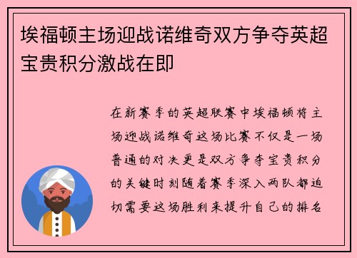 埃福顿主场迎战诺维奇双方争夺英超宝贵积分激战在即